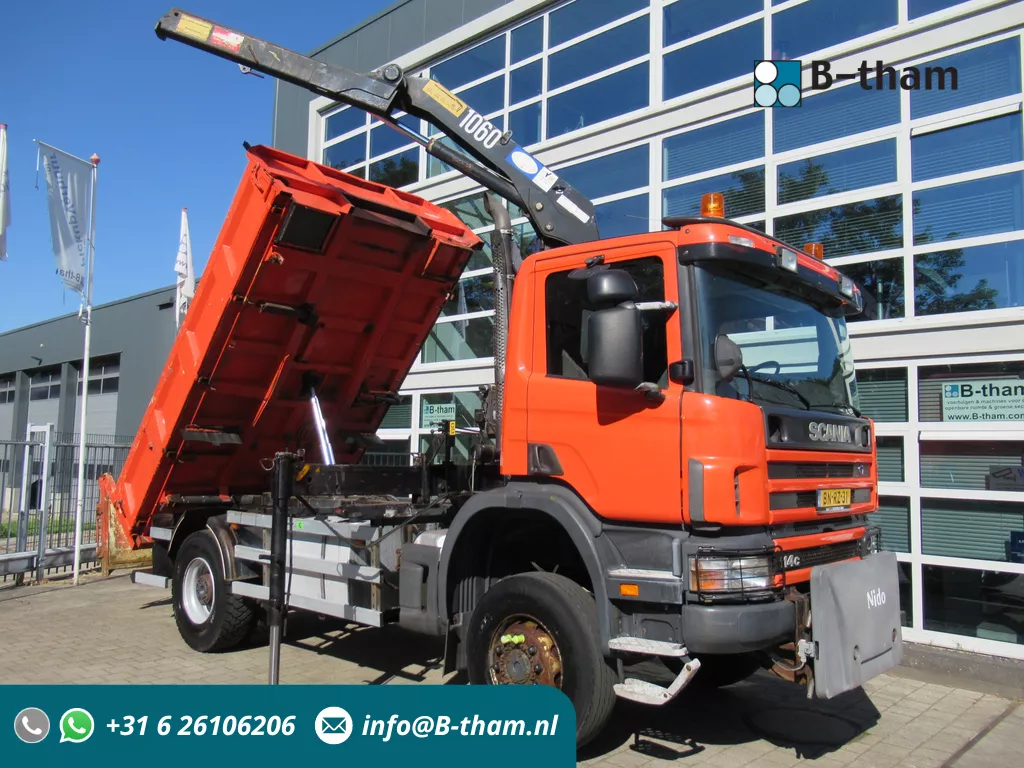 Scania P 114 CB 4x4 HZ 340 3-W. Tipper - 3-S. Kipper + HMF 1063 Crane Kran